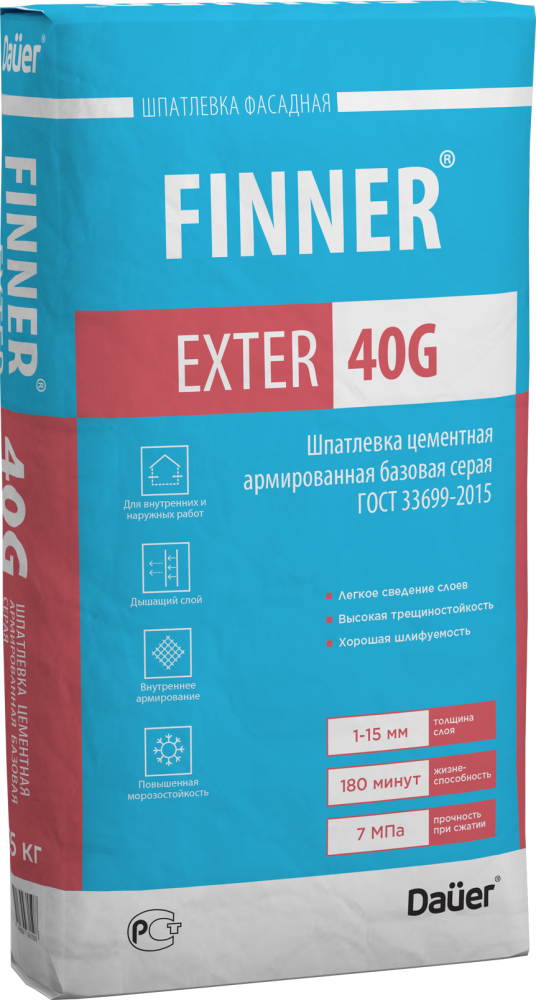 FINNER 40 G Шпатлевка цементная армированная базовая серая 25 кг