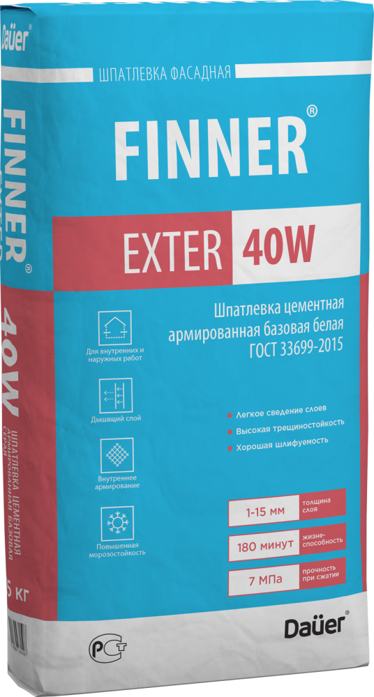 FINNER 40 W Шпатлевка цементная армированная базовая белая 25 кг