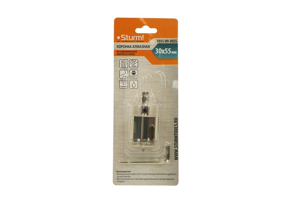 Коронка алмазн. По керам. Плитке и стеклу 30 х 55 мм, с центрир. Сверл. Sturm!